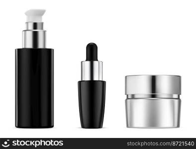 Cosmetic bottle mockup set. Realistic vector template of cream jar, lotion container with pump, essential oil dropper vial, cosmetic brand collection for label. Silver metallic bottles, moisturizer. Cosmetic bottle mockup set. Cream jar, dispenser, dropper