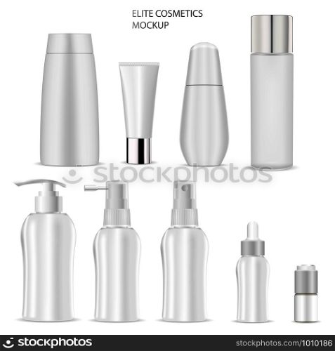 Cosmetic Bottle Mockup. Soap, Shampoo, Tube, Cream, Lotion White Product Blank. Realistic 3d Container With Pump Dispenser, Dropper for Body Care Cosmetics. Luxury Packaging Template Design. Cosmetic Bottle Mockup. Soap, Shampoo, Tube, Cream