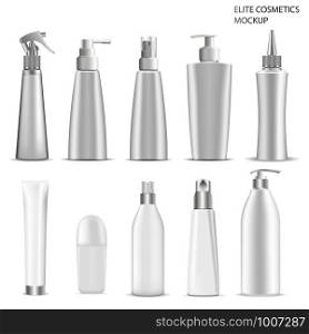 Cosmetic Bottle Package. 3d Plastic Container Blank fof Lotion, Spray, Cream, Shampoo Product with Dispenser Pump. Beauty and Skin Care Jar Template Design. Healthcare and medical Bottle Pack. Cosmetic Bottle Package. Plastic Container Blank