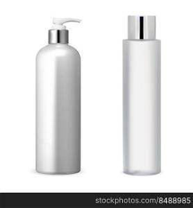 Cosmetic bottle package blank. Realistic sh&oo container vector template. Liquid skin care milk tube. Shave foam aerosol cap pack illustration. Cosmetic bottle package blank. Realistic sh&oo container