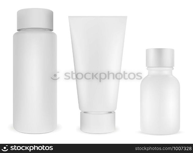 Cosmetic bottle package. White plastic product 3d blank. Cream container, hair shampoo, beauty care jar template. Realistic design without label. Shower gel, moisturizer or mask pack. Cosmetic bottle package. White plastic product. 3d