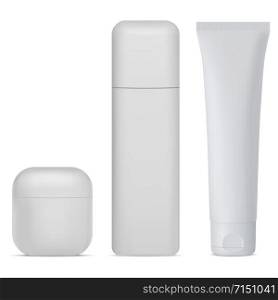 Cosmetic bottle set. White cream, lotion package isolated on background. Realistic plastic 3d container template. Body cream tube mockup. Moisturizer mask jar. Cosmetic bottle set. White cream, lotion package
