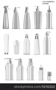 Cosmetic Bottle. Vector Container blank for Lotion, Shampoo, Cream Beauty Care. Dispenser Pump, Spray Set. 3d Design of White Plastic Package. Realistic Medical Bottle Isolated on Background. Spa Jar. Cosmetic Bottle. Vector Shampoo, Lotion Container
