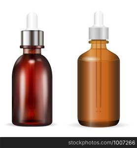 Cosmetic bottle with dropper. Amber or brown glass medical vial for organic liquid, aromatic essence, serum. Realistic flask with eyedropper for collagen or treatment. Vector illustration.. Cosmetic bottle with dropper. Vector illustration