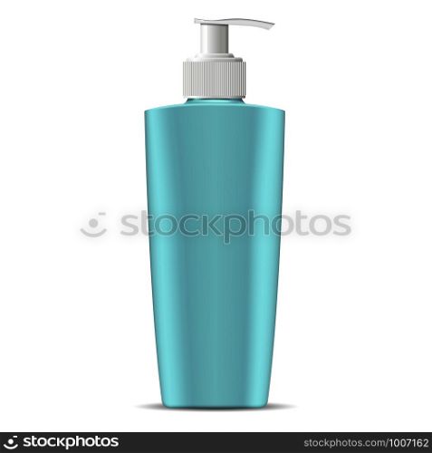 Cosmetic bottle with pump dispenser lid in marine blue green color. Cosmetic container for next products: cream, moisturizer, shampoo, mask, soap and other liquids. 3d vector illustration.. Cosmetic bottle with pump dispenser lid