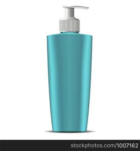 Cosmetic bottle with pump dispenser lid in marine blue green color. Cosmetic container for next products: cream, moisturizer, shampoo, mask, soap and other liquids. 3d vector illustration.. Cosmetic bottle with pump dispenser lid