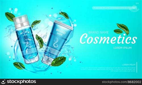 Cosmetic bottles ad banner, shaving foam and cream tubes with mint, water splashes and droplets on blue background. Body care beauty cosmetics products, Realistic 3d vector advertising promo poster. Cosmetic bottles ad banner, shaving foam and cream