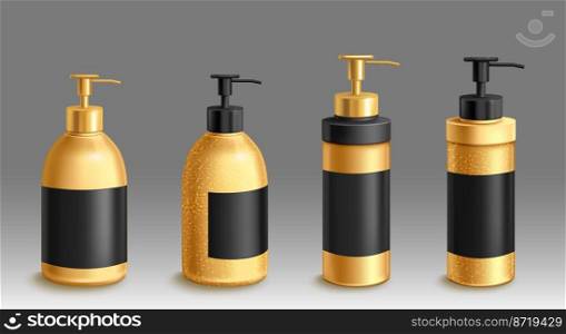 Cosmetic bottles mockup, black and gold colored plastic tubes with dispenser pump for liquid soap, sh&oo, lotion beauty product. Containers for cosmetics, isolated packages, Realistic 3d vector set. Cosmetic bottles mockup, black and gold tubes set