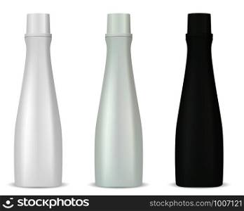 Cosmetic bottles mockup pack for shampoo or shower gel. Realistic vector 3d illustration of cosmetics package with lid. Clear blank template for your design.. Cosmetic bottles mockup pack for shampoo gel. 3d