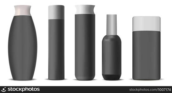 Cosmetic bottles mockup pack. Set of modern shape cosmetic products packaging containers for different products. 3d illustration. . Cosmetic bottles mockup pack. Cosmetic product Set