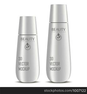 Cosmetic bottles mockup set for shampoo, moisturizer, conditioner or shower gel. Silver plastic realistic vector 3d illustration of cosmetics package with lid. Clear blank template for your design.. Cosmetic bottles mockup set. Shampoo, moisturizer