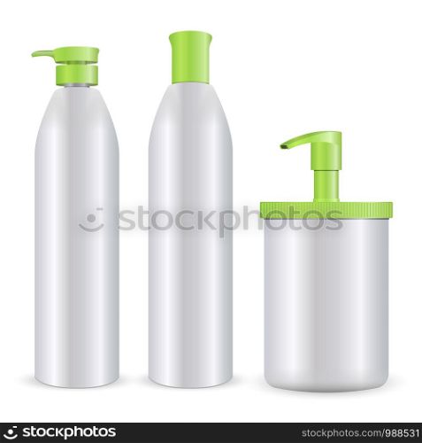 Cosmetic bottles mockup vector illustration. Set of shampoo, soap or foam, and gel care products isolated on white background.. Cosmetic bottles mockup vector illustration. Set