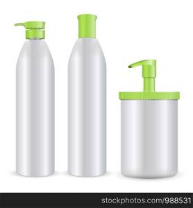 Cosmetic bottles mockup vector illustration. Set of shampoo, soap or foam, and gel care products isolated on white background.. Cosmetic bottles mockup vector illustration. Set