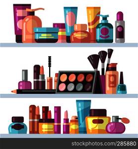Cosmetic bottles on store shelves. Woman beauty and care vector concept. Care and beauty cosmetic cream product illustration. Cosmetic bottles on store shelves. Woman beauty and care vector concept