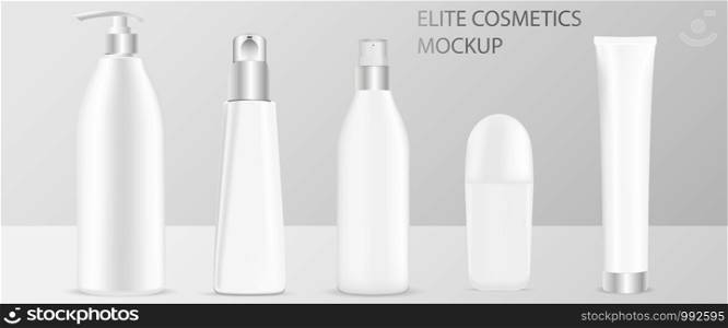 Cosmetic bottles packaging mockup. Vector illustration of elite cosmetics: bottles with spray, dispenser and dropper, cream tube, deodorant roll. High quality template ready for your design.. Cosmetic bottles packaging mockup. Vector