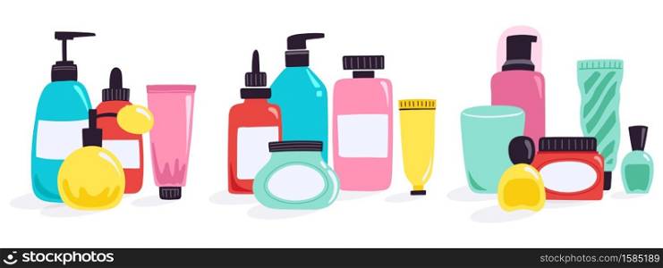 Cosmetic bottles. Plastic containers and tubes, organic cosmetic, cream jar, dropper and dispenser, face care products vector illustration set. Toiletries an perfume bottle, nail polish. Cosmetic bottles. Plastic containers and tubes, organic cosmetic, cream jar, dropper and dispenser, face care products vector illustration set