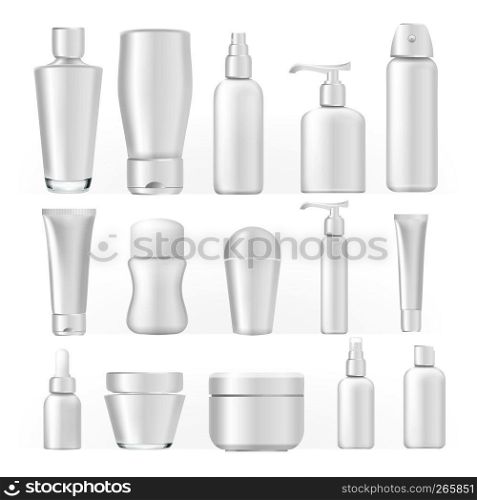 Cosmetic Bottles Set Vector. Empty Plastic White Package For Cosmetic Product. Container, Tube, Bottle, Spray For Cream, Liquid Soup, Shampoo, Lotion Gel Branding Design. Realistic Illustration. Cosmetic Bottles Set Vector. Empty Plastic White Package For Cosmetic Product. Container, Tube, Bottle, Spray For Cream, Liquid Soup, Shampoo, Lotion Gel Branding Design. Mockup Realistic Illustration