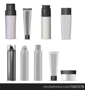 Cosmetic Bottles. White Plastic Package. 3d Vector Container Blank. Cream, Hair ShampooSkin Care Oil, Spray Dispenser, Tube Mockup. Luxury Vial without Label. Clear Cosmetics Template. Cosmetic Bottles. White Plastic Package. 3d Blank