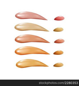 Cosmetic care product.Sun protection.Vector illustration.. Collection of liquid foundation, osmetic concealer smear strokes, tone cream smudged isolated texture on white background.