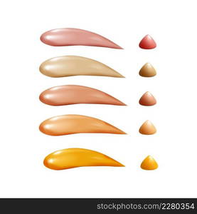 Cosmetic care product.Sun protection.Vector illustration.. Collection of liquid foundation, osmetic concealer smear strokes, tone cream smudged isolated texture on white background.