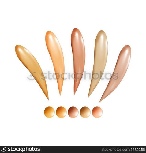 Cosmetic care product.Sun protection.Vector illustration.. Collection of liquid foundation, osmetic concealer smear strokes, tone cream smudged isolated texture on white background.