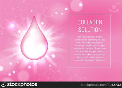 Cosmetic collagen drop and bokeh lights. Vector illustration with collagen drop and bokeh lights on pink background. Cosmetic concept