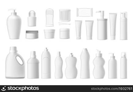 Cosmetic containers. Realistic white plastic bottles mockup for branding. Blank detergent and soap packaging. Isolated moisturizer or lotion tubes. Household chemistry jars. Vector 3D packages set. Cosmetic containers. Realistic white plastic bottles mockup for branding. Detergent and soap packaging. Moisturizer or lotion tubes. Household chemistry jars. Vector 3D packages set
