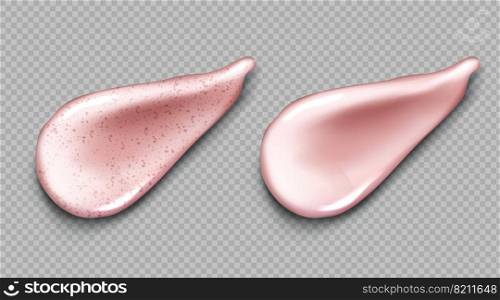 Cosmetic cream and scrub smear realistic set of vector illustrations. Gel, scrub with small particles and grains, cosmetic face mask or serum texture smudge swatch isolated on transparent background. Cosmetic cream and scrub pink smear realistic set