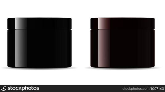 Cosmetic Cream jar mockup packaging. Black, and brown containers for salt, powder, butter. 3d vector design product packaging. Realistic Medical Template.. Cosmetic jar mockup packaging. Black, Brown