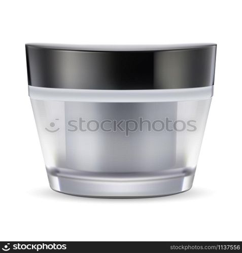 Cosmetic cream jar. Moisturizer product package. Skin care lotion container mockup. Butter scrub pot realistic glossy template. Shiny round glass can with black lid. Silver plastic packaging. Cosmetic cream jar. Moisturizer product package