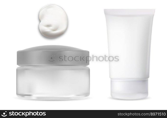Cosmetic cream product container. Glass jar with plastic lid, white packaging. Foundation cream tube template, realistic moisture package. Creme product smear, texture stroke. Cosmetic cream product container. Glass jar, tube