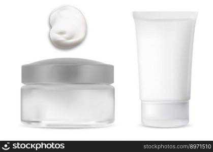 Cosmetic cream product container. Glass jar with plastic lid, white packaging. Foundation cream tube template, realistic moisture package. Creme product smear, texture stroke. Cosmetic cream product container. Glass jar, tube