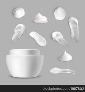 Cosmetic cream realistic brush strokes. White creamy skin care lotion drop and clean packaging jar, beauty product serum thick fresh smooth smear, blank container side view, vector 3d isolated set. Cosmetic cream realistic brush strokes. White creamy skin care lotion drop and jar, beauty product serum thick fresh smooth smear, blank container side view, vector 3d isolated set