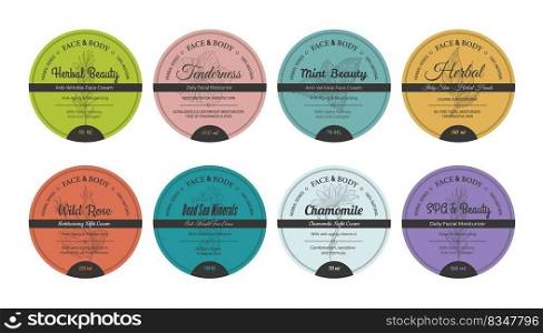 Cosmetic cream sticker, beauty product label set. Skin care badge, herbal ingredient lotion and face moisturizing collection. Healthy spa element with mint, wild rose and chamomile. Cosmetic cream sticker, beauty product label set