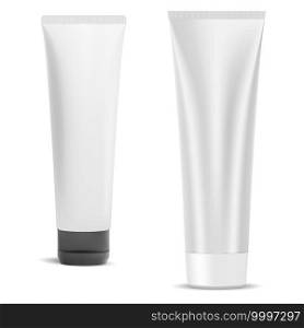 Cosmetic cream tube blank, vector plastic package isolated on white. Beauty gel container mockup with cap. Toothpaste product packaging. Realistic face creme wrapper design set, squeeze. Cosmetic cream tube blank, vector plastic package