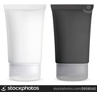 Cosmetic cream tube mockup. Black and white plasic package blank. Cosmetic product bottle, body gel. Ointment squeeze tube, charcoal blackhead remover masque. Sunscreen face care. Cosmetic cream tube mockup. Plasic package blank