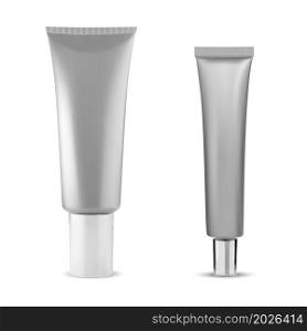 Cosmetic cream tube mockup. Silver cosmetic tube, lotion squeeze packaging. Hand cream soft wrapping container. Ointment packaging vector blank, realistic metallic gray illustration. Cosmetic cream tube mockup. Silver cosmetic tube