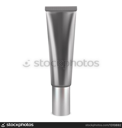 Cosmetic cream tube. Silver container blank for liquid face care gel. Plastic ointment package. Cosmetology bb foundation packaging illustration. Beauty product blank mock up. Cosmetic cream tube. Silver container blank