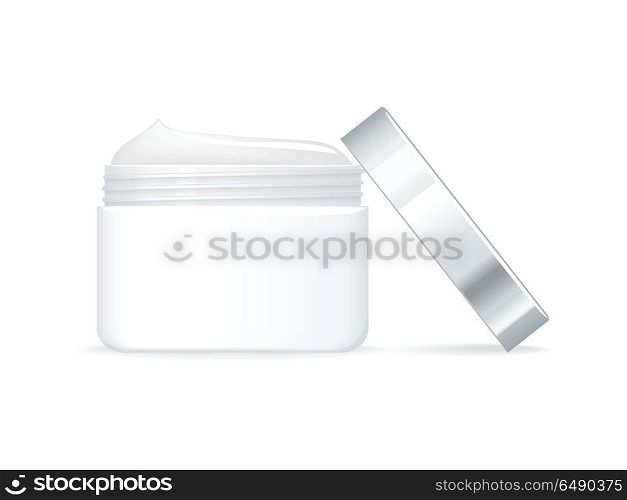 Cosmetic cream vector illustration. Flat design. Face and hands skin care. White cream jar with open cap. Personal hygiene and makeup. For woman beauty concepts, cosmetic brand ad. Isolated on white. Cosmetic Cream Vector Illustration in Flat Design. Cosmetic Cream Vector Illustration in Flat Design