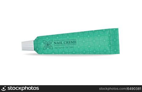 Cosmetic cream vector illustration. Flat design. Green tube of nail creme. Packing of cosmetic products. Personal hygiene and makeup. For woman beauty concepts, cosmetic brand ad. Isolated on white. Cosmetic Cream Vector Illustration in Flat Design. Cosmetic Cream Vector Illustration in Flat Design