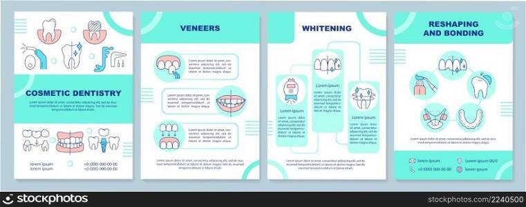 Cosmetic dental service mint brochure template. Whitening procedure. Leaflet design with linear icons. 4 vector layouts for presentation, annual reports. Arial-Black, Myriad Pro-Regular fonts used. Cosmetic dental service mint brochure template