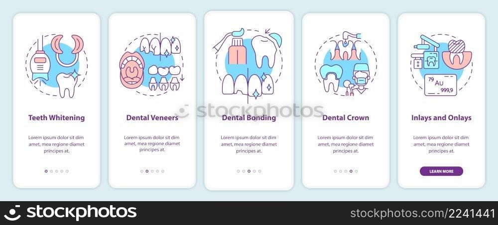 Cosmetic dentistry types onboarding mobile app screen. Teeth whitening walkthrough 5 steps graphic instructions pages with linear concepts. UI, UX, GUI template. Myriad Pro-Bold, Regular fonts used. Cosmetic dentistry types onboarding mobile app screen