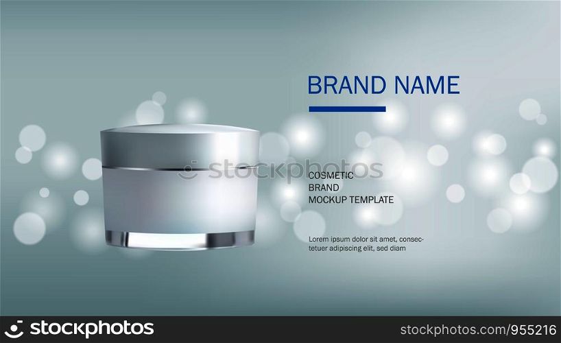 Cosmetic design template, realistic cream bottle on silver glitter background with bokeh light, vector illustration