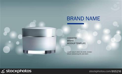 Cosmetic design template, realistic cream bottle on silver glitter background with bokeh light, vector illustration