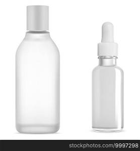 Cosmetic dropper bottle white glass mockup, serum and tonic whater product, isolated on white background. Vector oil drop vial, clear tonic flask. Micellar water container. Skin collagen. Cosmetic dropper bottle white glass mockup, serum