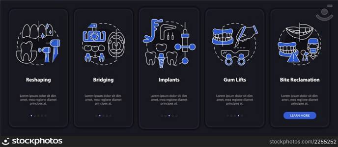 Cosmetic enhancement procedures night mode onboarding mobile app screen. Walkthrough 5 steps graphic instructions pages with linear concepts. UI, UX, GUI template. Myriad Pro-Bold, Regular fonts used. Cosmetic enhancement procedures night mode onboarding mobile app screen