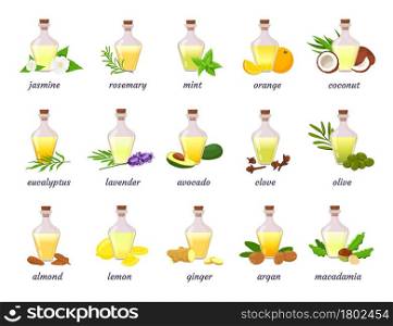 Cosmetic essential oil bottle with herb, fruit and flower. Lavender, argan, coconut and almond nut oils. Aromatherapy or skin oil vector set. Illustration of bottle oil lemon almond. Cosmetic essential oil bottle with herb, fruit and flower. Lavender, argan, coconut and almond nut oils. Aromatherapy or skin oil vector set