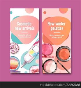 Cosmetic flyer design with brush on, primer, highlighter illustration watercolor. 