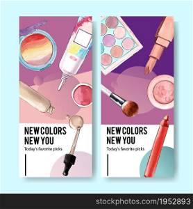 Cosmetic flyer design with eyeshadow, brush on, lipstick illustration watercolor.