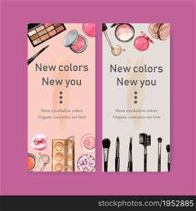 Cosmetic flyer design with highlighter, foundation, eyeshadow illustration watercolor.